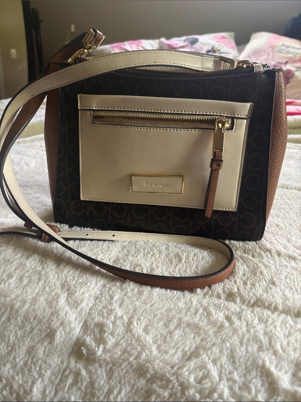 Calvin Klein Brown & Cream Signature Crossbody Bag